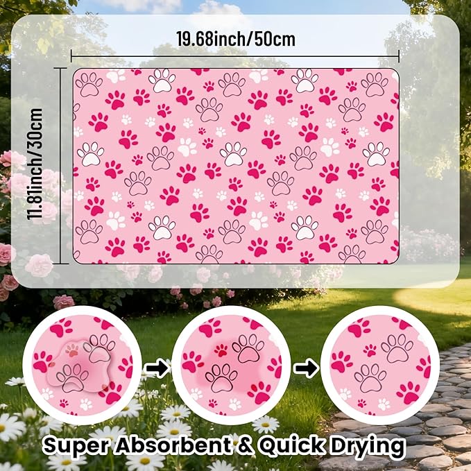 Dog Feeding Placemat Pink Cat Food Mat Small Cute Paw Print Pattern Rectangle Diatomaceous Earth Absorbent Quick Dry Pet Feeding Rugs Protect Floors for Food and Water Supplies 20 x 12 Inch