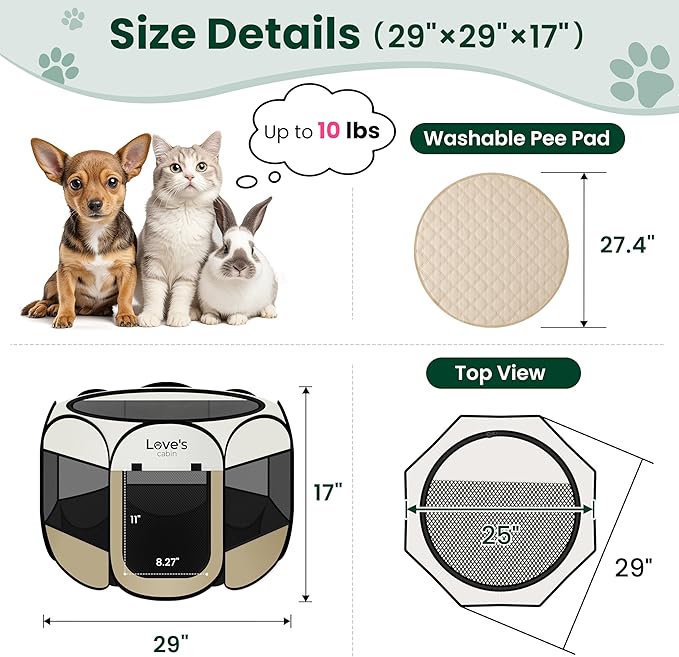 Love's cabin Dog Playpen with Washable Pee Pad, Puppy Pet Cat Playpen Small Dogs Tent Crate Indoor/Outdoor, Portable Pop Up Kennel with Carrying Case for Cats/Rabbits(Khaki,Small with pad)