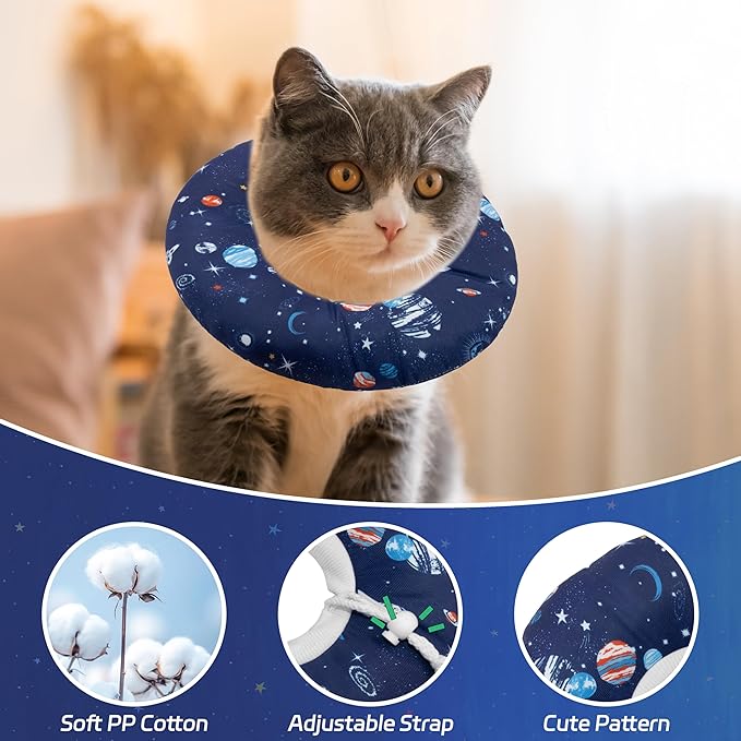 Seyezo Cat Cone Collar Soft, Adjustable Cat Cones to Stop Licking, Donut Kitten Spay Recovery Cone After Surgery, Elizabethan Protective Cone Recovery Cats Collar Alternative(Planet, S)
