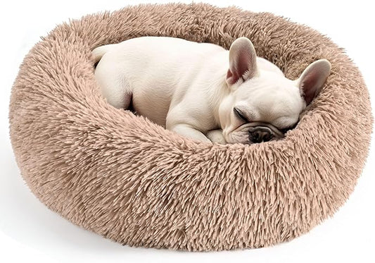 Hoewina Dog & Cat Bed for Indoor Cats, 20in Calming Donut Bed for Puppy and Kitten, Washable Round Fluffy Pet Bed for Small Medium Dogs and Cats (Camel)