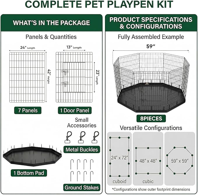 PJYuCien Octagonal Dog Playpen with Bottom Pad - Metal Foldable Exercise Pen, 8 Panels 42" H x 24" W Indoor Outdoor Pet Fence Puppy Crate Kennel, Black