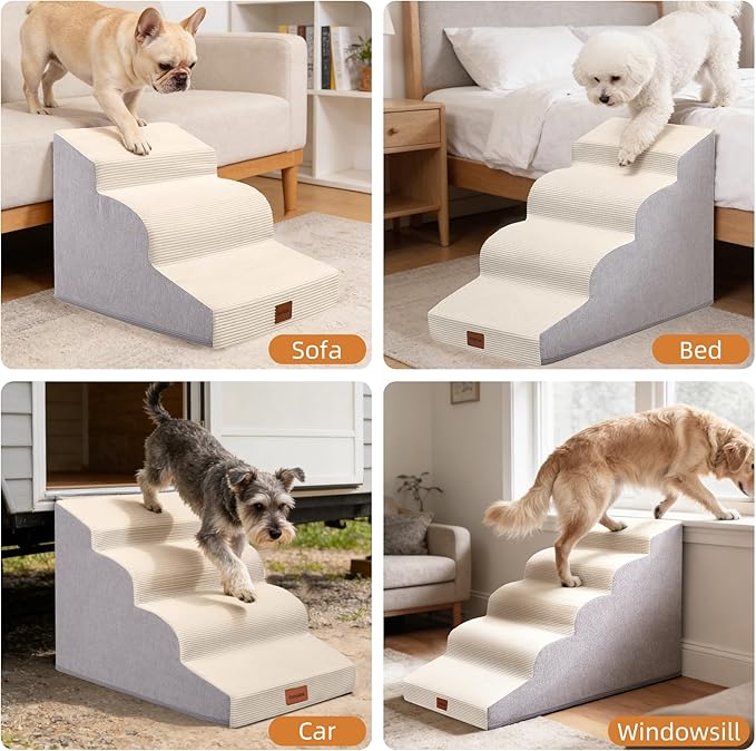 Dog Stairs for Small Dogs and Cats, 15.7" H, 3-Step Curved Pet Ramp for Couch Sofa and Chair, Non-Slip Medium Pet Steps with High Density Foam, Beige