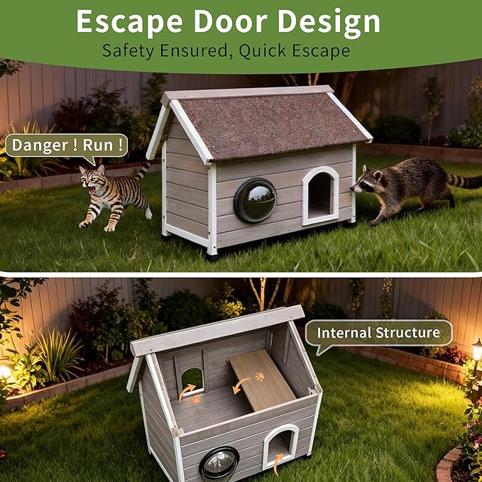 Rockever Outdoor Cat House, Waterproof Feral Cat House for Outdoor Cats with Escape Door and Clear Windows for 2 Cats (Grey)