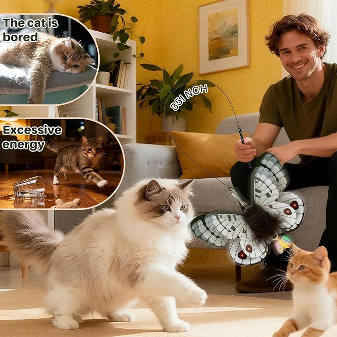 Walfront Cat Toys Interactive Teaser Wand, Butterfly Attachment with Pink Petal Suction Cup Base, Realistic Butterfly & Feather for Independent Play or Interactive Bonding with Cats & Kittens