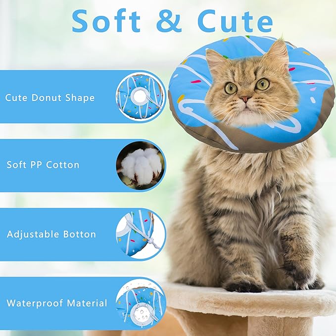 Seyezo Cat Cone Collar Soft, Adjustable Cat Recovery Collar Kitten Cones to Stop Licking, Cute Donut E Collar After Surgery, Cats Neck Pillow Elizabethan Cones of Shame (Waterproof Blue, Large)