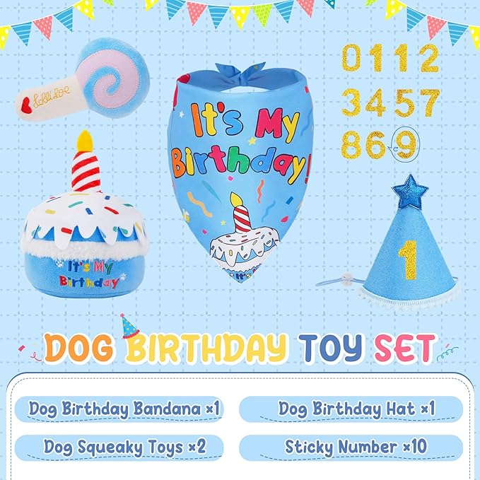 KIPRITII Dog Birthday Party Supplies – Dog Squeak Toys, Birthday Bandana & Hat for Small Dogs, Interactive Puppy Plush Toys to Relieve Boredom