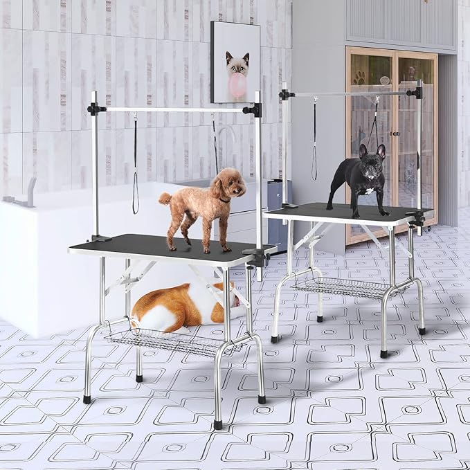SoarFlash Pet Dog Grooming Table Foldable,Heavy Duty Foldable Pet Grooming Table with Arm & Noose & Mesh Tray, Maximum Capacity Up to 330lbs, 36inch, Black