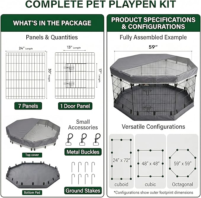 PJYuCien Octagonal Dog Playpen with Top Cover and Bottom Pad - Metal Foldable Exercise Pen, 8 Panels 30" H x 24" W Indoor Outdoor Pet Fence Puppy Crate Kennel, Gray