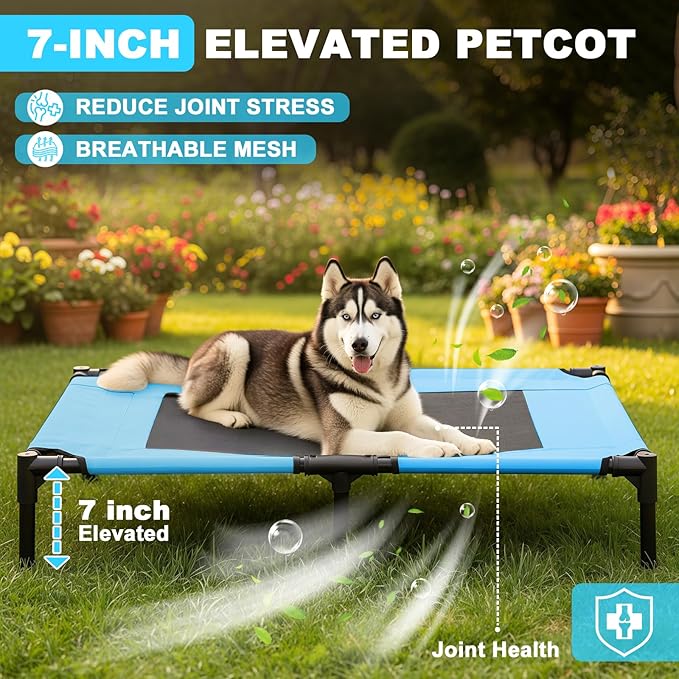 S/M/L Outdoor Elevated Dog Cot with Canopy & Side Shade for Camping Small Medium Dogs (Carry Bag), Portable Cooling Raised Dog Bed
