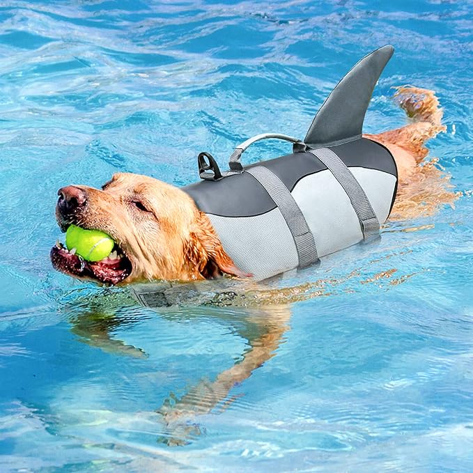 Malier Dog Life Jacket, Ripstop Dog Life Vest with High Buoyancy for Swimming Boating, High Visibility Shark Puupy Lifesaver for Small Medium Large Dogs (Grey, XX-Large)