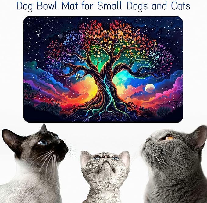 Dog Food Mat, 19.6" x 23.6" Absorbent Pet Feeding Mat for Food and Water, Waterproof Diatom Mud Pet Placemat with Non-Slip Rubber Backing, Easy Clean Cat Bowl Mat for Floors - Tree Art