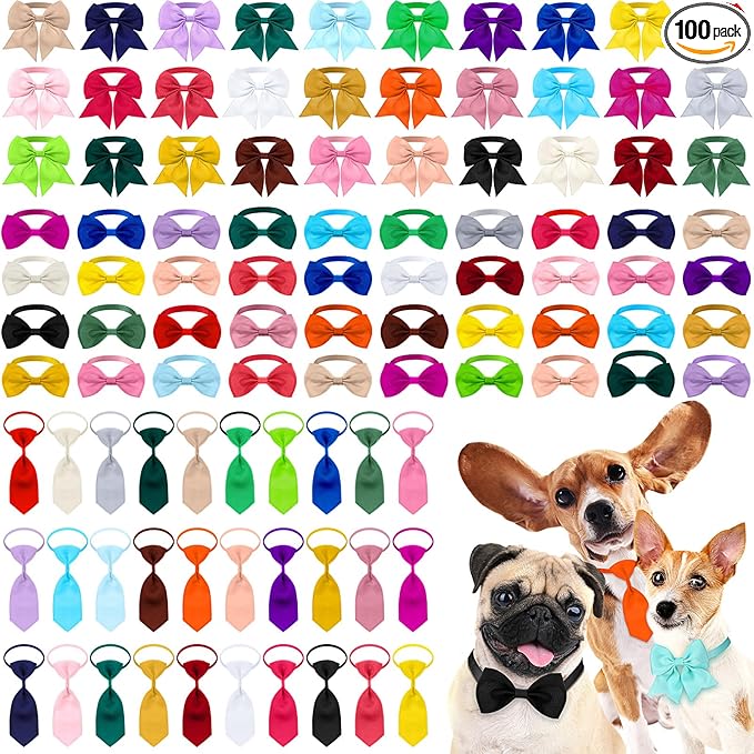 Reginary 100 Pieces Dog Bow Tie Collar Set Include 40 Dog Neckties, and 30 Puppy Bowties, 30 Collar Flowers, Adjustable Pet Ties Grooming for Small Medium Cats Pets Supply(Solid Color)