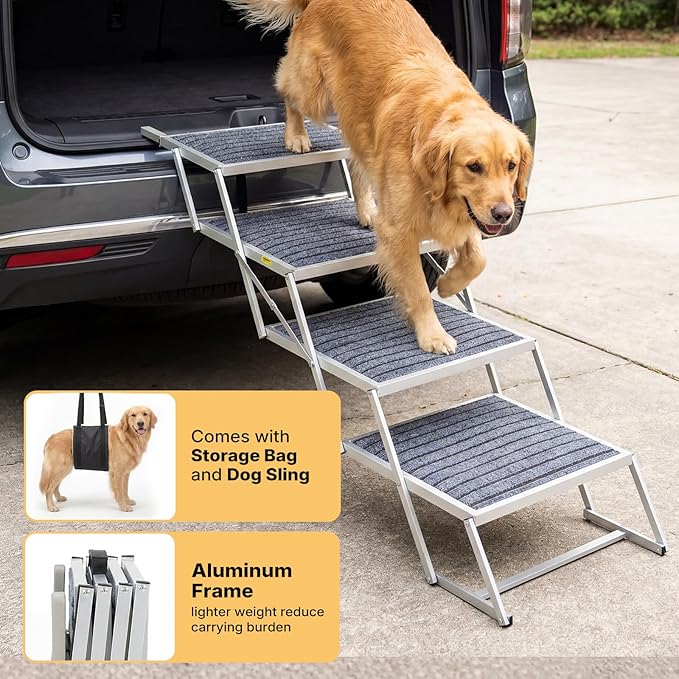 Veehoo Extra Wide Dog Steps for Car SUV Truck Foldable, 4 Steps Portable Aluminum Dog Stairs for Injured Senior Large Dogs 20" Wide, Heavy Duty Pet Ramp Ladder with Non Slip Surface, up to 170lbs