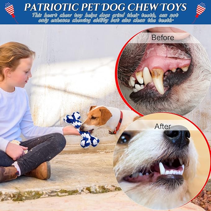 Sotiff 4 Pcs 4th of July Dog Rope Patriotic Pet Chew Toys Bone Star Heart Shape Durable Dog Toys for Small Breed Dogs Puppy Teething Independence Day Supplies, 4 Styles