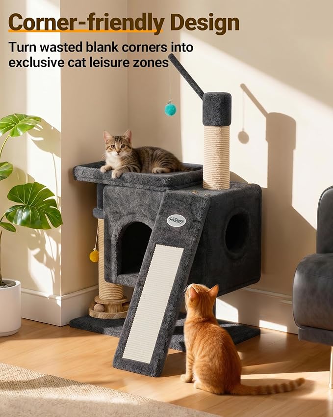 【Scratch & Playhouse】 PetDance Small Cat Tree Tower with Scratching Posts【100% Natural Sisal】, Wood Track Ball Toy & Self-Grooming Brush for Bored Indoor Cats, Onyx Gray