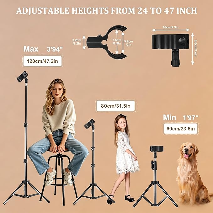 Hands Free Hair Dryer Stand with Tripod, 23.6-47.2 Inch Adjustable Height, 180° Rotating Universal Clip, Foldable Metal Blow Dryer Holder for Bathroom Vanity Makeup Room Home Styling & Pet Grooming, Fits Most Hair Dryers