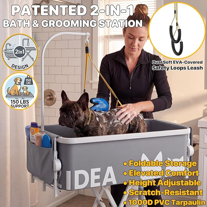 PAWZIDEA 2-in-1 Portable Dog Bathtub & Grooming Table, 33" Foldable Pet Washing Station for Small to Medium Dogs Cats up to 40lbs, 5 Height Adjustable Elevated Bath Tub Indoor Outdoor, Storage Pocket