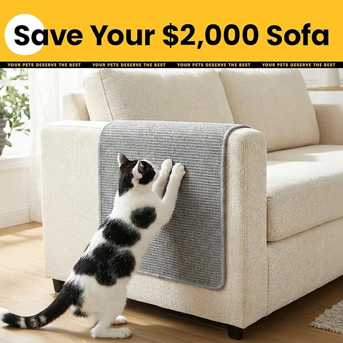 Conlun Cat Scratcher Mat,Natural Sisal Cat Scratch Pad with Hook&Loop Tape,Horizontal Floor Kitty Scratching Pads Rug for Indoor,Pet Furniture Protector for Couch&Carpets&Sofas, Large, Grey