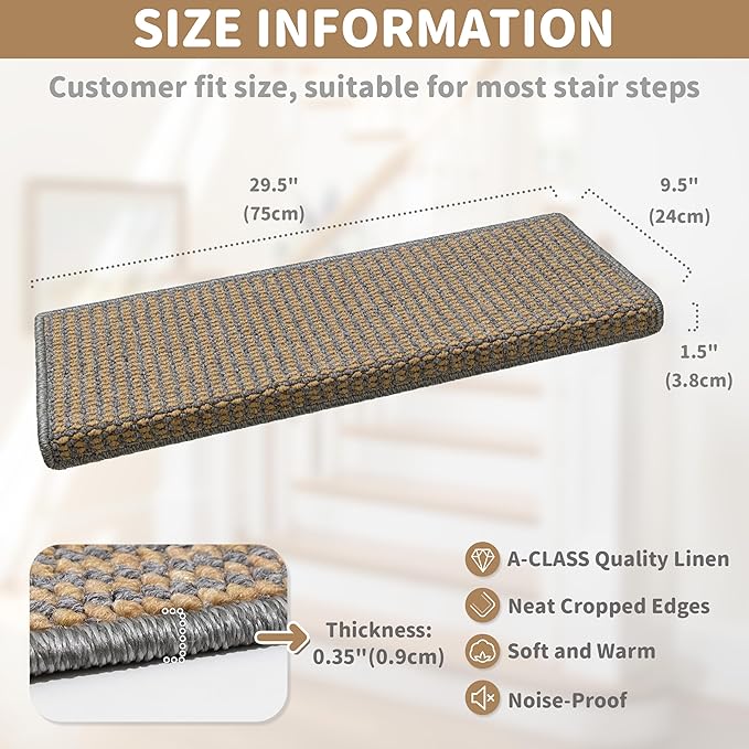 Brakki Bullnose Carpet Stair Treads, Stair Treads for Wooden Steps Indoor Runner and Pets, Non Slip Soft Edging Staircase Protectors, Washable, 29.5"x9.5"x1.5" 7pcs, Grey and Beige
