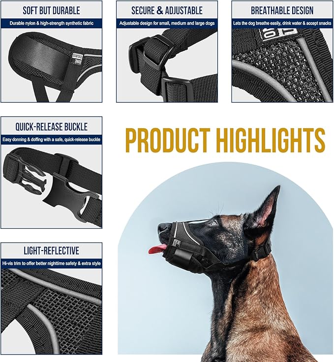 OneTigris Large Dog Muzzle,Soft Nylon Muzzle Anti Biting Barking Chewing,Air Mesh Breathable Drinkable Adjustable Loop Pets Muzzle for Small Medium Large Dogs(XXXL)