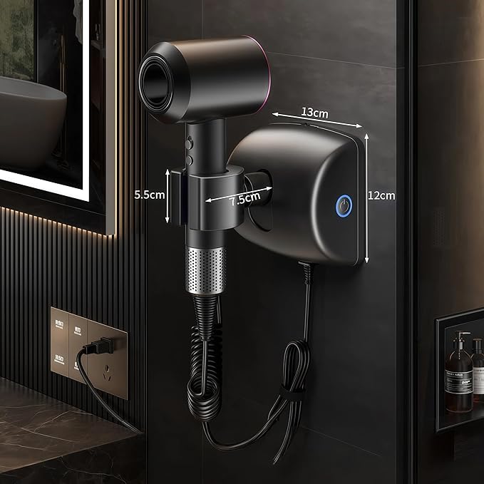 Auto Rotating Hair Dryer Stand, Hands Free Blow Dryer Holder with 360° Left-Right Swivel, No Drilling Wall Mount, One-Button Start, for Hair Drying & Pet Grooming (Fits 32-42 mm Hair Dryers,black )