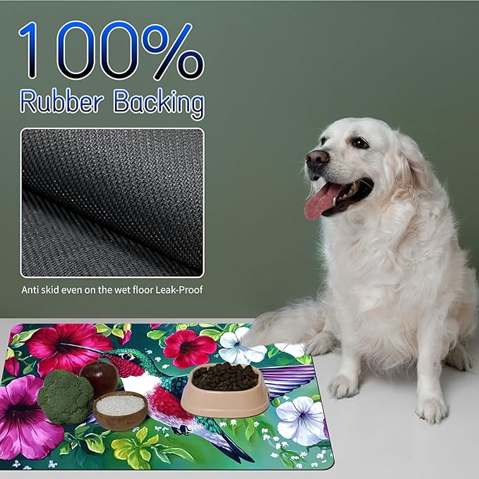 Dog Food Mat, 19.6" x 23.6" Absorbent Pet Feeding Mat for Food and Water, Waterproof Diatom Mud Pet Placemat with Non-Slip Rubber Backing, Cat Bowl Mat for Floors - Petunia Hummingbird