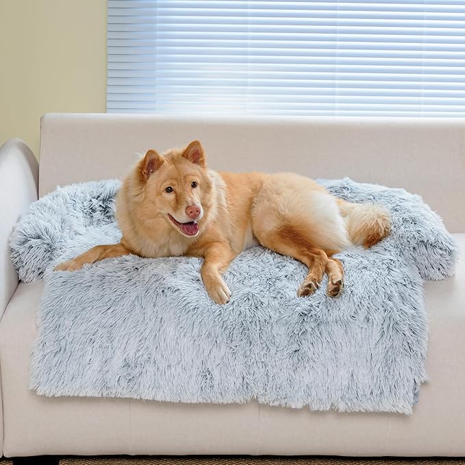 KHONSU PET Large Calming Dog Bed for Couch – Sofa Protector Mat with Bolster, Removable Washable Non-Slip Cover, Fits Large Dogs up to 45 lbs, Grey 41"x37"