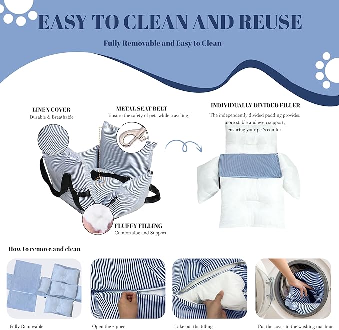 Versatile Dog Booster Car Seat Bed for Small Dogs Puppy Cats Pet Carrier with Side Pockets, Expandable Dog Bed for Auto, Blue Stripes
