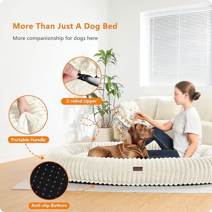 Human Dog Bed for Adult, Reversible Orthopedic Gel Memory Foam Cushion, Washable Corduroy Fleece, Plump Edge with Blanket, Storage Pocket, Strap, 71"x47.2"x9", Extra Large, Beige