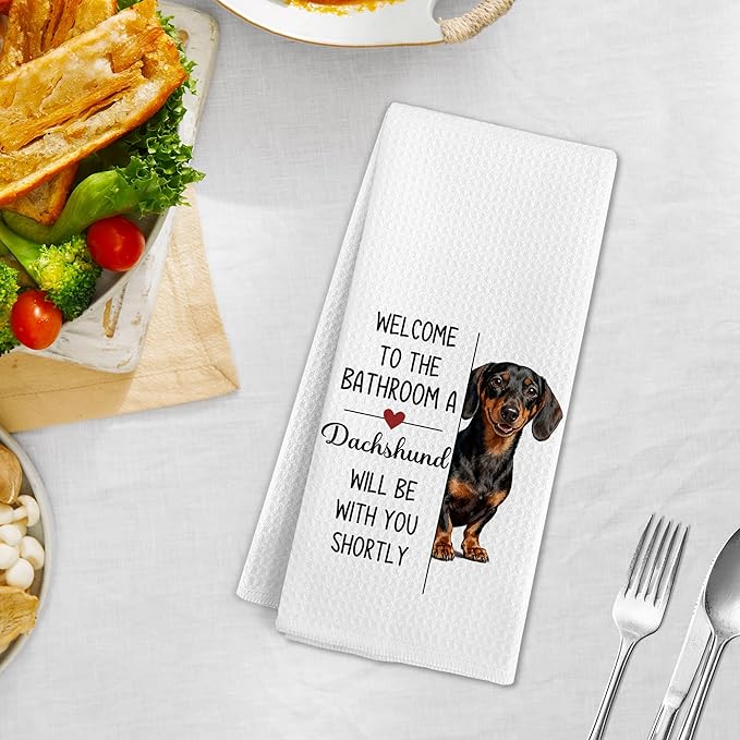 Funny Dachshund Dog Hand Towels for Bathroom, A Dachshund Will Be with You Shortly Hand Towels, Funny Weiner Dog Themed Dish Tea Towel for Kitchen Decor, Dogs Gifts for Women Men, 16x24