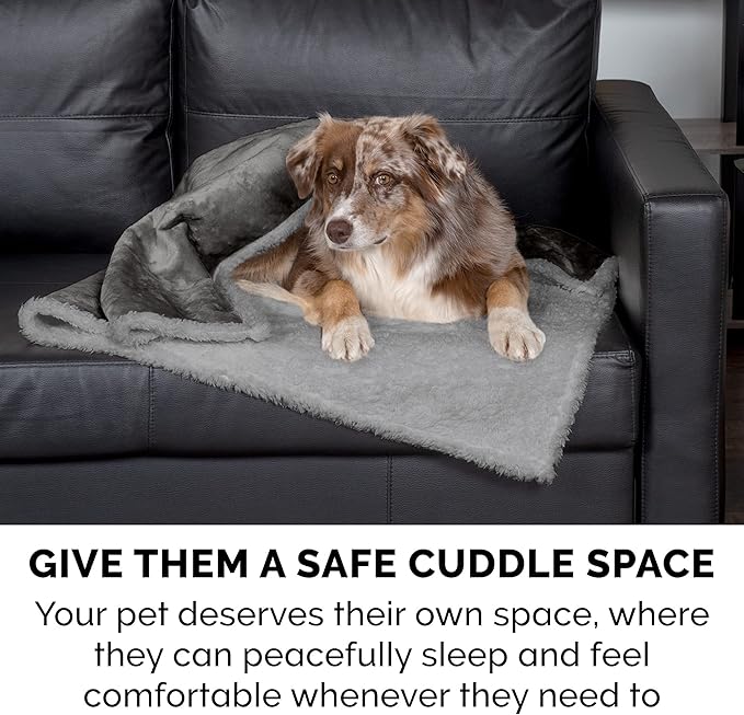 Furhaven Waterproof & Self-Warming Throw Blanket for Dogs & Indoor Cats, Washable & Reflects Body Heat - Soft-Edged Terry & Sherpa Dog Blanket - Silver Gray, Small