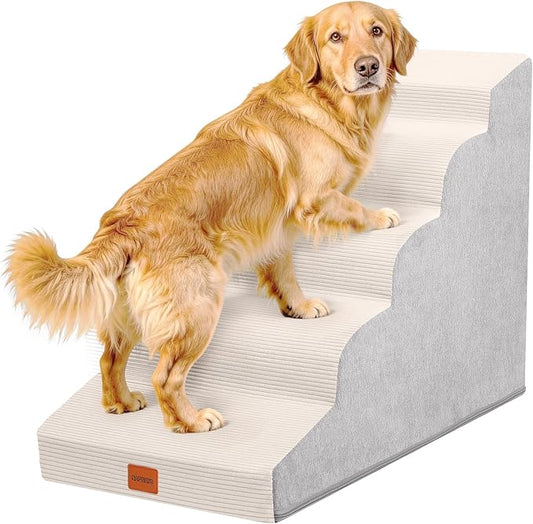 Dog Stairs for Small Dogs and Cats, 22.6" H, 5-Step Curved Pet Ramp for High Bed, Non-Slip Medium Pet Steps with High Density Foam, Beige