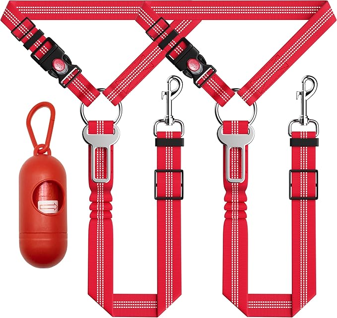 Seyezo 3-Piece Reflective Dog Seatbelt Set - Retractable, Heavy-Duty, Adjustable for Vehicle Headrests - Red