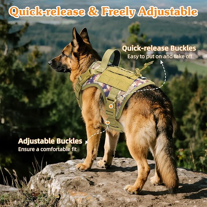 VavoPaw Heavy Duty Tactical Dog Harness for Large Dogs, No Pull Adjustable Pet Harness Reflective Service Training Easy Control Pet Vest Military K9 Working Dog Harnesses, Desert Camouflage, L