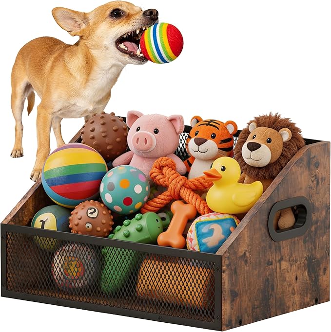 Piskyet Wood Dog Toy Basket,Dogs Storage Organizer,Dog Toy Box,Dogs Toys Bin,Large Cat Toys Basket Box for Living Room Area Wooden Organizing Storage(Rustic Brown)