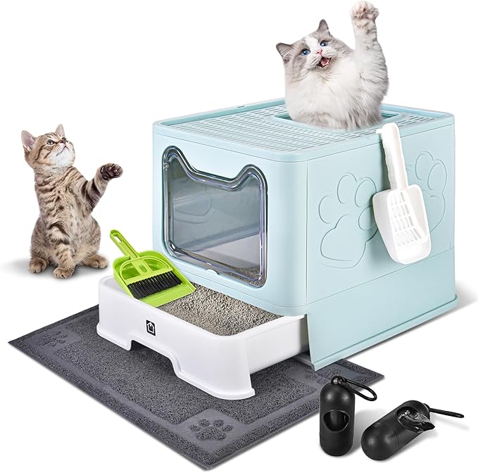 Covered Cat Litter Box with Litter Mat, Foldable Extra Large Dual Entry Adjustable Door, Drawer Design Enclosed Kitty Litter Box, Odor Control Anti-Splashing Easy Cleaning (Light Blue)