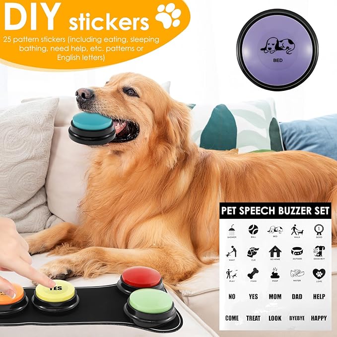 6Pcs Dog Buttons for Communication with Nonslip Mat and 25 Stickers, Plastic Dog Buttons Talk, 30s Recordable Dog Training Buttons, Dog Talking Buttons for Pet Talk Training