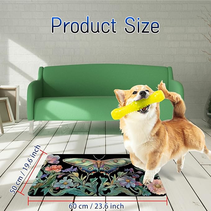 Dog Food Mat, 19.6" x 23.6" Absorbent Pet Feeding Mat for Food and Water, Waterproof Diatom Mud Pet Placemat with Non-Slip Rubber Backing, Cat Bowl Mat for Floors - Green Butterfly Leaf