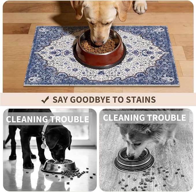 Boho Dog Feeding Mat, Absorbent Cat Matt for Food, Non Slip Pet Water Bowl Placemat Small for Floor, Cream & Dark Blue Indoor Dog Eating Dish Mat 12"x20"