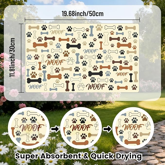 Cute Dog Food Mat 20 x 12 Inch Paw Print Bones Pattern Non Slip Design, Dog Feeding Mat Absorbent Quick Dry Washable Bowl Placemat Rug Protect Floors for Cat Pet Food Water Area Home Use