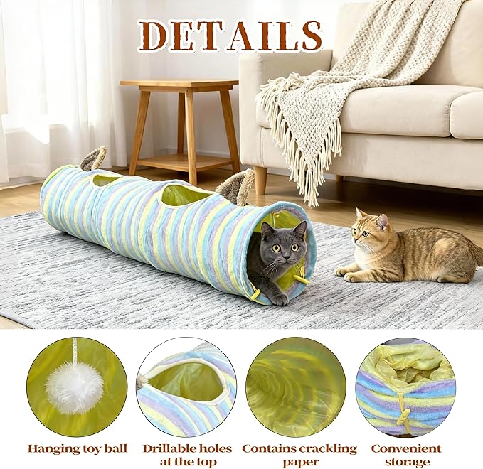 Cat Tunnel for Indoor Cats, Cute Cat Toy Tunnel for Small Large Cats, 45" Straight Cat Tunnel Toys with Balls & Crinkle Paper Ears Collapsible Peekaboo Cave for Kitten, Diameter 9.8" (Colorful Stripe)
