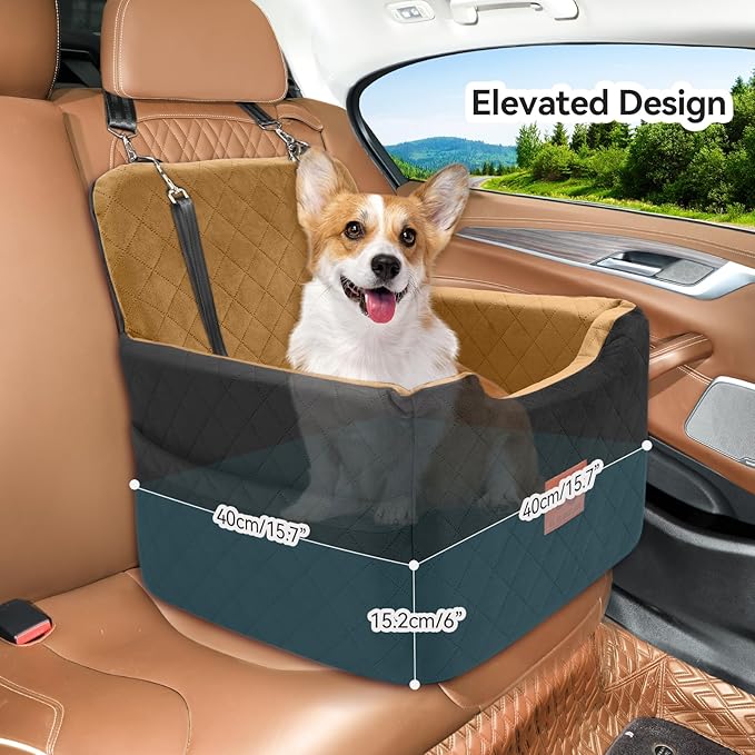 GL GLENSLAVE Dog Car Seat for Small/Medium Dogs Under 35lbs,Memory Foam Dog Booster Seats,Detachable and Washable Traval Pet Car Seat, Dogs Bed with 2 Safety Belts (Black/Coffee)