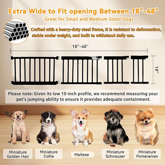 Dog Gate, SHYUJAJIE Adjustable Extra Wide Short Dog Gate,Small Pet Gate with 4 Extension Kits, Pressure Mounted for Doorways & Stairs (Black, 18-48" W*14" H)