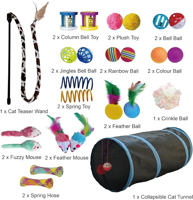 PetLike 25pcs Interactive Cat Toys Set Collapsible Cat Tunnel Interactive Feather Teaser Wand,Spring Toys & Balls for Indoor Cats (Black, 25x55cm)
