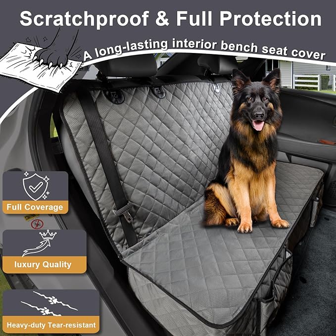 Dog Car Seat Cover for Back Seat, Waterproof and Non-Slip, Heavy-Duty Pet Seat Protector with Full Protection for Rear Bench on Cars SUVs Small Trucks (Grey, Standard Back)