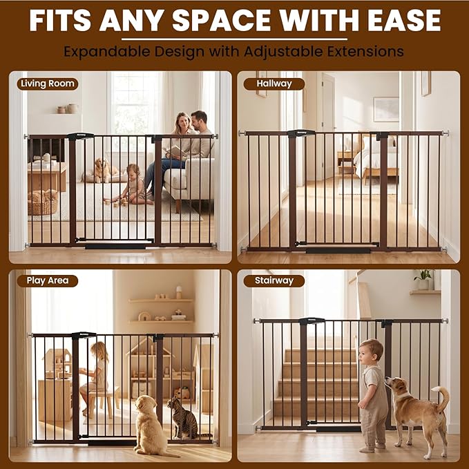 Mumeasy 29.7-57" Extra Wide Baby Gate, Auto Close Large Dog Gate for Doorways, No Drilling Pressure Mounted Pet Safety Gate for Stairs, Easy Walk Through Child Gate for Hallways, House, Indoor, Brown