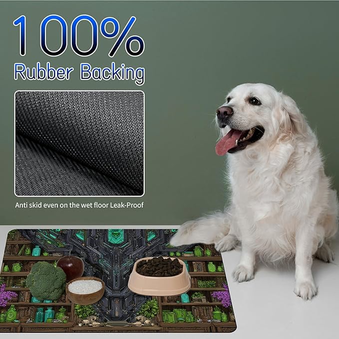 Dog Food Mat, 15.7" x 23.6" Absorbent Pet Feeding Mat for Food and Water, Waterproof Diatom Mud Pet Placemat with Non-Slip Rubber Backing, Cat Bowl Mat for Floors - Green Library Books