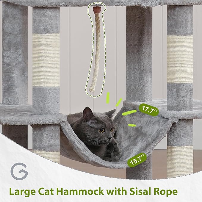 Gitelsnour Tall Cat Tree, Large Cat Tower for Adult Cats, 80.7'' (205cm) Heavy-Duty Cat Tree House for Indoor Cats 20 lbs+ with Scratching Posts, 2 Top Perches/Condos, Hammcok, Light Gray GCT034W