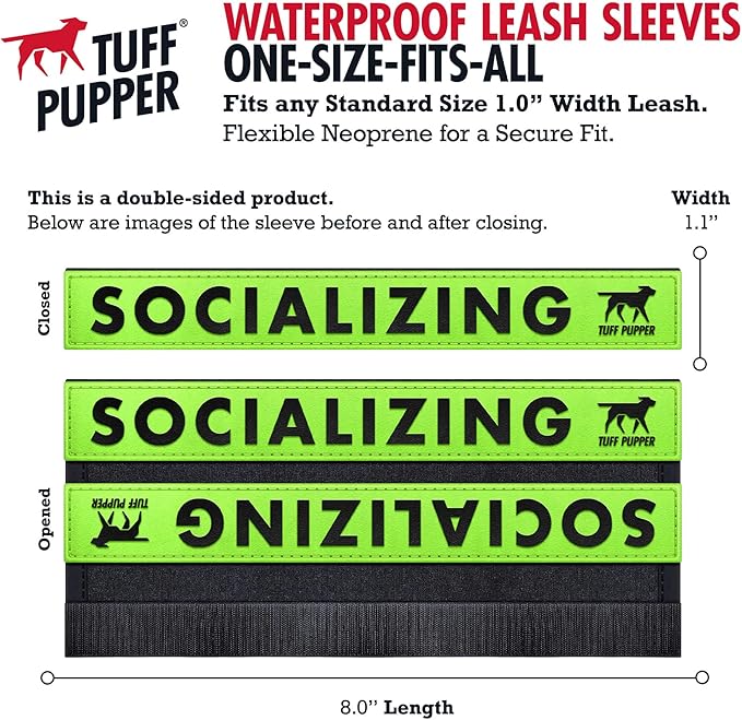 Tuff Pupper Waterproof Leash Sleeve | Fits Any Standard Size 1 Inch Wide Leash | Dual Sided Message | Durable Neoprene & Silicone | Odor & Stink Proof | Easy Secure On & Off (1 Pack, Socializing)