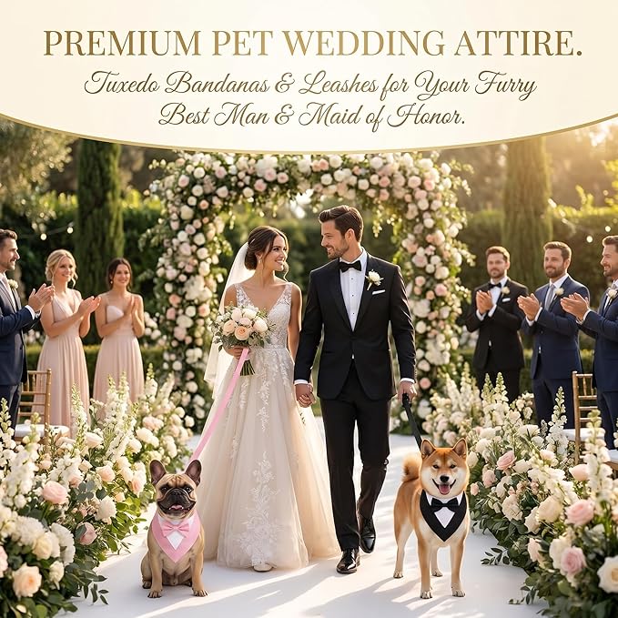 Gilprop 4 Pcs Formal Dog Outfit Dog Tuxedo Sets with Bowtie Wedding Dogs Bandana Collar with Nylon Leash Wedding Outfit Suit Adjustable Pet Party Costumes for Birthday(Black,Pink,Large:21"-24.5")